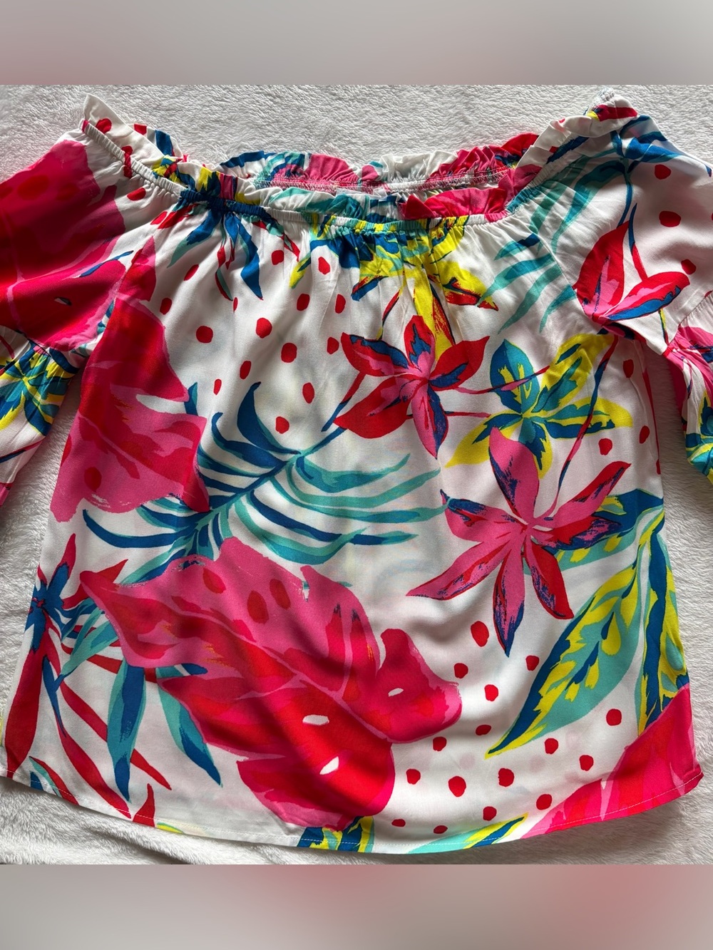 Bright Floral Off-Shoulder Blouse in White, Pink, Red and Blues NWOT